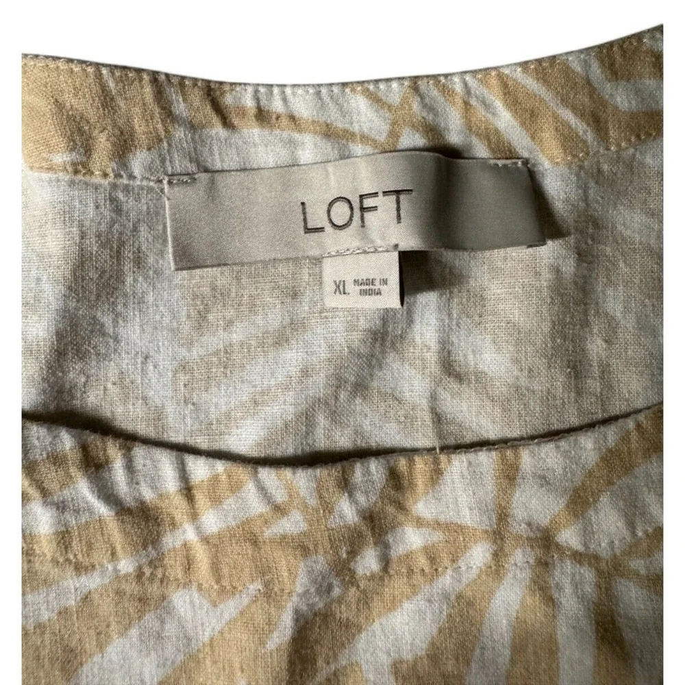 Ann Taylor Loft Womens Sz XL Linen Top Tropical Print Tan Cream Puff Sleeve‎